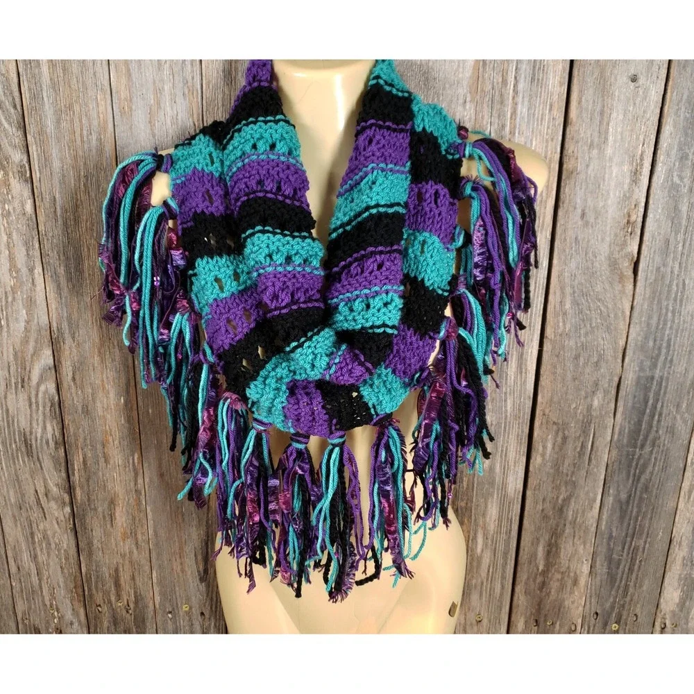 NEW Hand Knitted Purple Black Green Boho Cowl‎ Scarf Indie Festival Art Whimsy